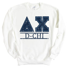 Load image into Gallery viewer, Delta Chi Sweatshirt - D-Chi Washed Letters Crewneck Sweatshirt - Kite and Crest