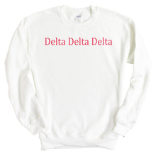 Load image into Gallery viewer, Delta Delta Delta Sweatshirt | Tri Delta Basic Written Crewneck Sweatshirt | Delta Delta Delta Sorority Gift Idea - Kite and Crest