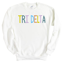 Load image into Gallery viewer, Delta Delta Delta Sweatshirt - Tri Delta Colorful Lined Crewneck Sweatshirt - Kite and Crest
