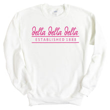 Load image into Gallery viewer, Delta Delta Delta Sweatshirt | Tri Delta Pink Established Crewneck Sweatshirt | Delta Delta Delta Sorority Gift Idea - Kite and Crest