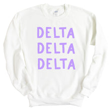 Load image into Gallery viewer, Delta Delta Delta Sweatshirt - Tri Delta Purple Bubble Letters Crewneck Sweatshirt - Kite and Crest
