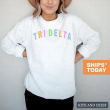 Load image into Gallery viewer, Delta Delta Delta Sweatshirt | Tri Delta Rainbow Letter Crewneck Sweatshirt | Delta Delta Delta Sorority Gift Idea - Kite and Crest
