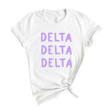 Load image into Gallery viewer, Delta Delta Delta T-shirt - Tri Delta Purple Bubble Letters Tee - Kite and Crest