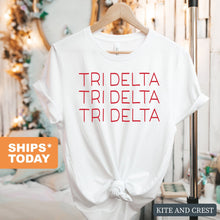 Load image into Gallery viewer, Delta Delta Delta T-Shirt | Tri Delta Red and Stacked Shirt | Delta Delta Delta Sorority Gift Idea - Kite and Crest