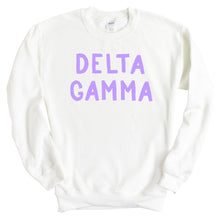 Load image into Gallery viewer, Delta Gamma Sweatshirt - Dee Gee (DG) Purple Bubble Letters Crewneck Sweatshirt - Kite and Crest
