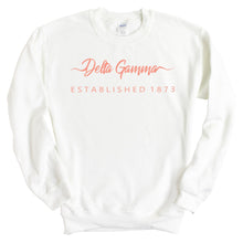 Load image into Gallery viewer, Delta Gamma Sweatshirt | DG White Script Letter Crewneck Sweatshirt | Delta Gamma Sorority Gift Idea - Kite and Crest