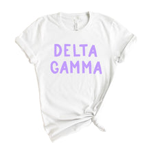Load image into Gallery viewer, Delta Gamma T-shirt - Dee Gee (DG) Purple Bubble Letters Tee - Kite and Crest