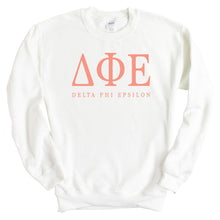 Load image into Gallery viewer, Delta Phi Epsilon Sweatshirt | DPHIE Colored Block Letters Crewneck Sweatshirt | Delta Phi Epsilon Sorority Gift Idea - Kite and Crest