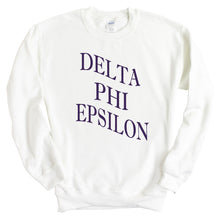 Load image into Gallery viewer, Delta Phi Epsilon Sweatshirt | DPHIE Large and Wavy Letters Crewneck Sweatshirt | Delta Phi Epsilon Sorority Gift Idea - Kite and Crest