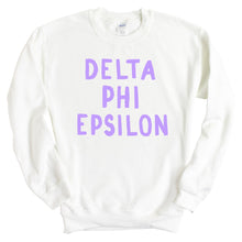 Load image into Gallery viewer, Delta Phi Epsilon Sweatshirt - DPHIE Purple Bubble Letters Crewneck Sweatshirt - Kite and Crest