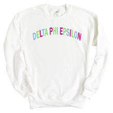 Load image into Gallery viewer, Delta Phi Epsilon Sweatshirt | DPHIE Rainbow Letter Crewneck Sweatshirt | Delta Phi Epsilon Sorority Gift Idea - Kite and Crest