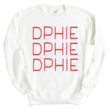 Load image into Gallery viewer, Delta Phi Epsilon Sweatshirt | DPHIE Red and Stacked Crewneck Sweatshirt | Delta Phi Epsilon Sorority Gift Idea - Kite and Crest