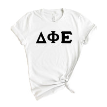 Load image into Gallery viewer, Delta Phi Epsilon T-Shirt | DPHIE Basic Black Letters Shirt | Delta Phi Epsilon Sorority Gift Idea - Kite and Crest