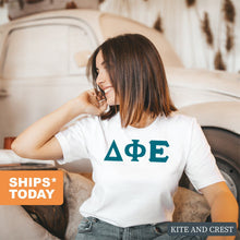 Load image into Gallery viewer, Delta Phi Epsilon T-Shirt | DPHIE Basic Large Letters Shirt | Delta Phi Epsilon Sorority Gift Idea - Kite and Crest