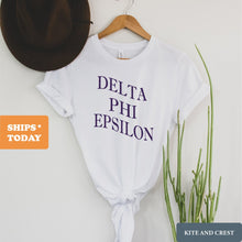 Load image into Gallery viewer, Delta Phi Epsilon T-Shirt | DPHIE Large and Wavy Letters Shirt | Delta Phi Epsilon Sorority Gift Idea - Kite and Crest
