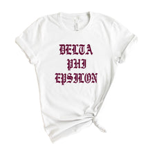 Load image into Gallery viewer, Delta Phi Epsilon T-Shirt | DPHIE Old Type Written Shirt | Delta Phi Epsilon Sorority Gift Idea - Kite and Crest