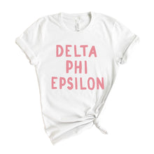 Load image into Gallery viewer, Delta Phi Epsilon T-Shirt | DPHIE Pink Bubble Letters Shirt | Delta Phi Epsilon Sorority Gift Idea - Kite and Crest