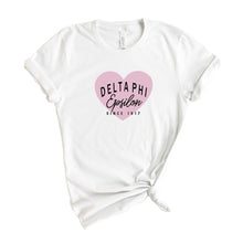 Load image into Gallery viewer, Delta Phi Epsilon T-Shirt | DPHIE Pink Heart Shirt | Delta Phi Epsilon Sorority Gift Idea - Kite and Crest