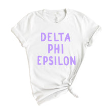 Load image into Gallery viewer, Delta Phi Epsilon T-shirt - DPHIE Purple Bubble Letters Tee - Kite and Crest