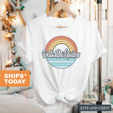 Load image into Gallery viewer, Delta Phi Epsilon T-shirt - DPHIE Wavy Rainbow Tee - Kite and Crest