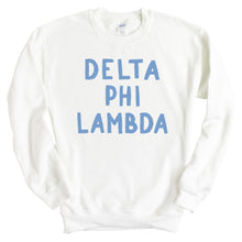 Load image into Gallery viewer, Delta Phi Lambda Blue Bubble Letters Crewneck Sweatshirt - Kite and Crest