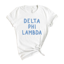 Load image into Gallery viewer, Delta Phi Lambda Blue Bubble Letters T-shirt - Kite and Crest