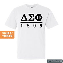 Load image into Gallery viewer, Delta Sigma Phi Comfort Colors T-Shirt - Delta Sig Black Letters Shirt - Kite and Crest