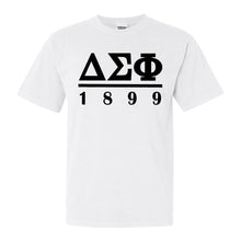 Load image into Gallery viewer, Delta Sigma Phi Comfort Colors T-Shirt - Delta Sig Black Letters Shirt - Kite and Crest
