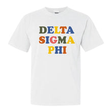 Load image into Gallery viewer, Delta Sigma Phi Comfort Colors T-Shirt - Delta Sig Retro Letters Shirt - Kite and Crest