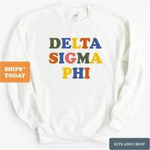 Load image into Gallery viewer, Delta Sigma Phi Sweatshirt - Delta Sig Retro Letters Crewneck Sweatshirt - Kite and Crest