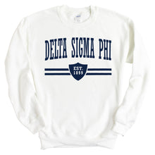 Load image into Gallery viewer, Delta Sigma Phi Sweatshirt - Delta Sig Striped Shield Crewneck Sweatshirt - Kite and Crest