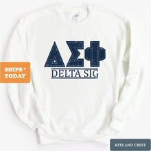 Load image into Gallery viewer, Delta Sigma Phi Sweatshirt - Delta Sig Washed Letters Crewneck Sweatshirt - Kite and Crest