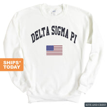 Load image into Gallery viewer, Delta Sigma Pi Traditional Flag Sweatshirt - Fraternity Crewneck Sweatshirt - Kite and Crest