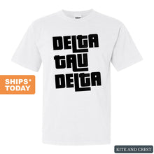 Load image into Gallery viewer, Delta Tau Delta Comfort Colors T-Shirt - Delt Stacked Letters Shirt - Kite and Crest