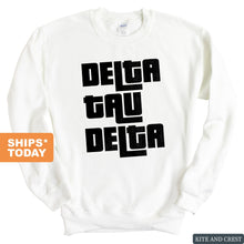 Load image into Gallery viewer, Delta Tau Delta Sweatshirt - Delt Stacked Letters Crewneck Sweatshirt - Kite and Crest