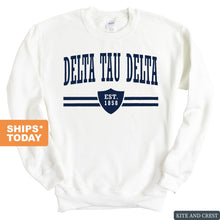 Load image into Gallery viewer, Delta Tau Delta Sweatshirt - Delt Striped Shield Crewneck Sweatshirt - Kite and Crest