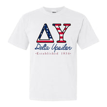 Load image into Gallery viewer, Delta Upsilon Comfort Colors T-Shirt - DU American Flag Letters Shirt - Kite and Crest