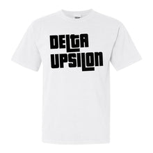 Load image into Gallery viewer, Delta Upsilon Comfort Colors T-Shirt - DU Stacked Letters Shirt - Kite and Crest