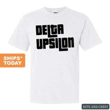 Load image into Gallery viewer, Delta Upsilon Comfort Colors T-Shirt - DU Stacked Letters Shirt - Kite and Crest