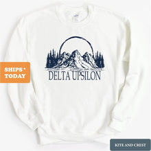 Load image into Gallery viewer, Delta Upsilon Sweatshirt - DU Epic Mountains Crewneck Sweatshirt - Kite and Crest