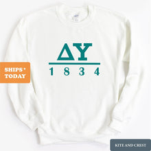 Load image into Gallery viewer, Delta Upsilon Sweatshirt - DU Lettered Basic Crewneck Sweatshirt - Kite and Crest