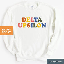 Load image into Gallery viewer, Delta Upsilon Sweatshirt - DU Retro Letters Crewneck Sweatshirt - Kite and Crest