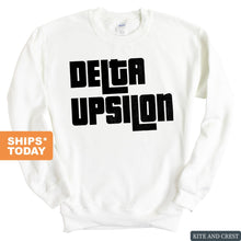 Load image into Gallery viewer, Delta Upsilon Sweatshirt - DU Stacked Letters Crewneck Sweatshirt - Kite and Crest