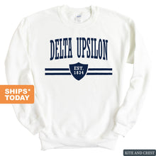 Load image into Gallery viewer, Delta Upsilon Sweatshirt - DU Striped Shield Crewneck Sweatshirt - Kite and Crest