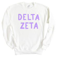 Load image into Gallery viewer, Delta Zeta Sweatshirt - Dee Zee (DZ) Purple Bubble Letters Crewneck Sweatshirt - Kite and Crest