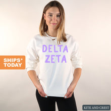 Load image into Gallery viewer, Delta Zeta Sweatshirt - Dee Zee (DZ) Purple Bubble Letters Crewneck Sweatshirt - Kite and Crest