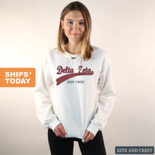 Load image into Gallery viewer, Delta Zeta Sweatshirt | DZ Baseball Crewneck Sweatshirt | Delta Zeta Sorority Gift Idea - Kite and Crest