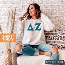 Load image into Gallery viewer, Delta Zeta Sweatshirt | DZ Basic Large Letters Crewneck Sweatshirt | Delta Zeta Sorority Gift Idea - Kite and Crest