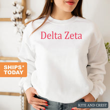 Load image into Gallery viewer, Delta Zeta Sweatshirt | DZ Basic Written Crewneck Sweatshirt | Delta Zeta Sorority Gift Idea - Kite and Crest