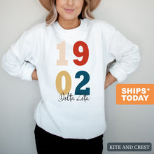 Load image into Gallery viewer, Delta Zeta Sweatshirt | DZ Colorful Year Crewneck Sweatshirt | Delta Zeta Sorority Gift Idea - Kite and Crest